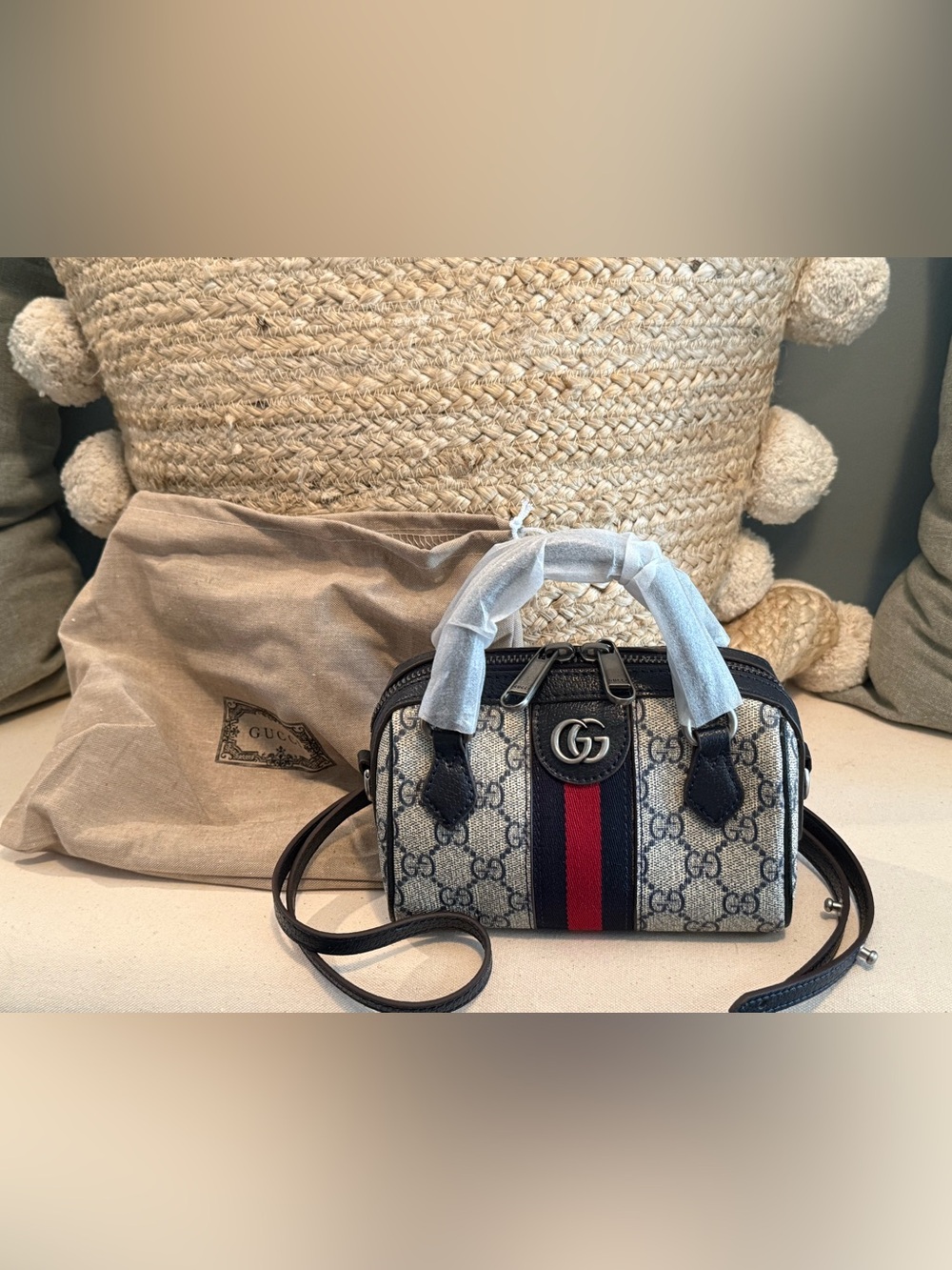 GG Supreme Canvas Top Handle Bag with Navy and Red Web